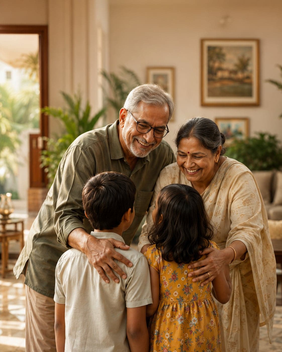 A multi-generational Indian family — grandparents, parents, and grandchildren at home